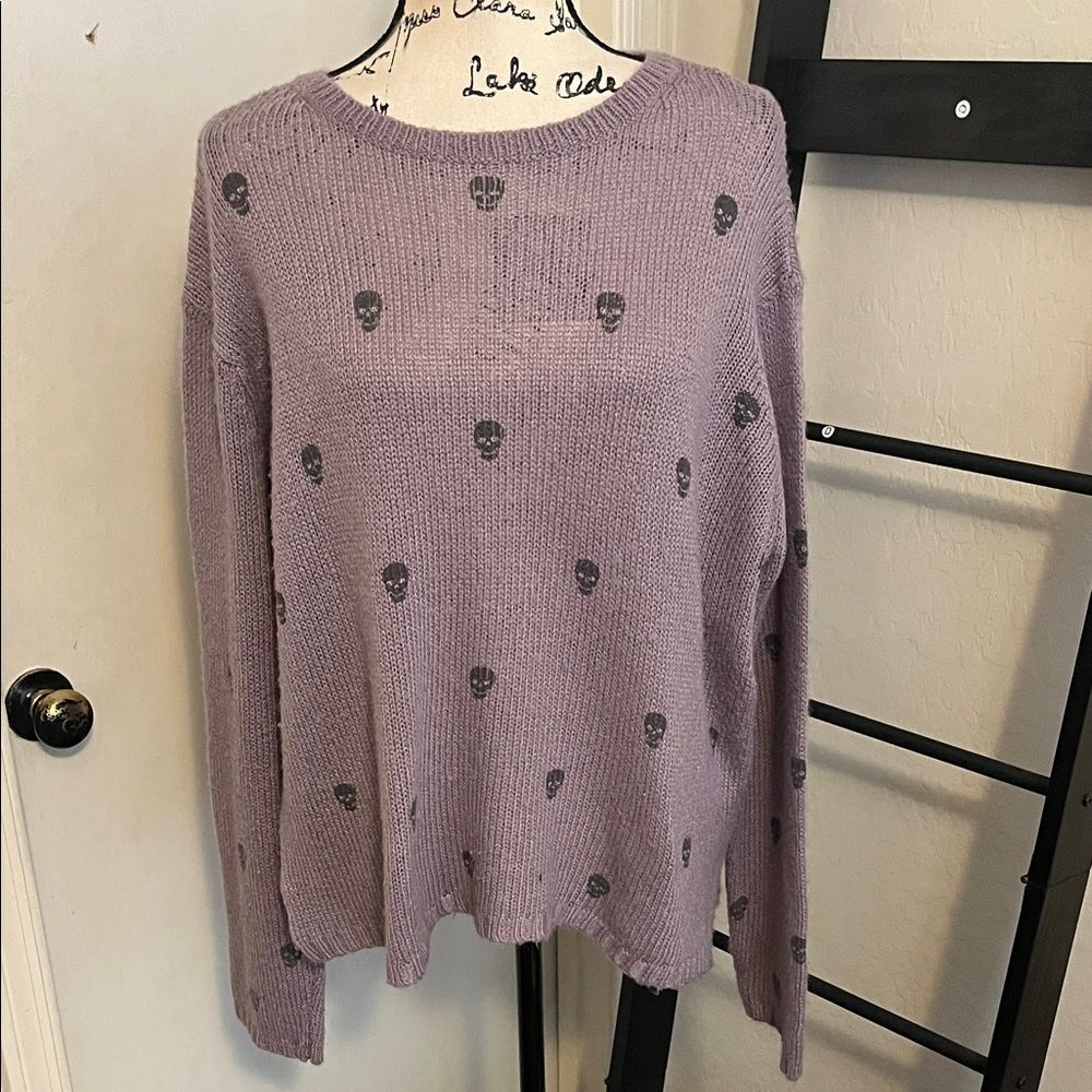 Wooden Ships Purple Skulls Acrylic Blend Pullover Sweater Modern Boho Semi Sheer